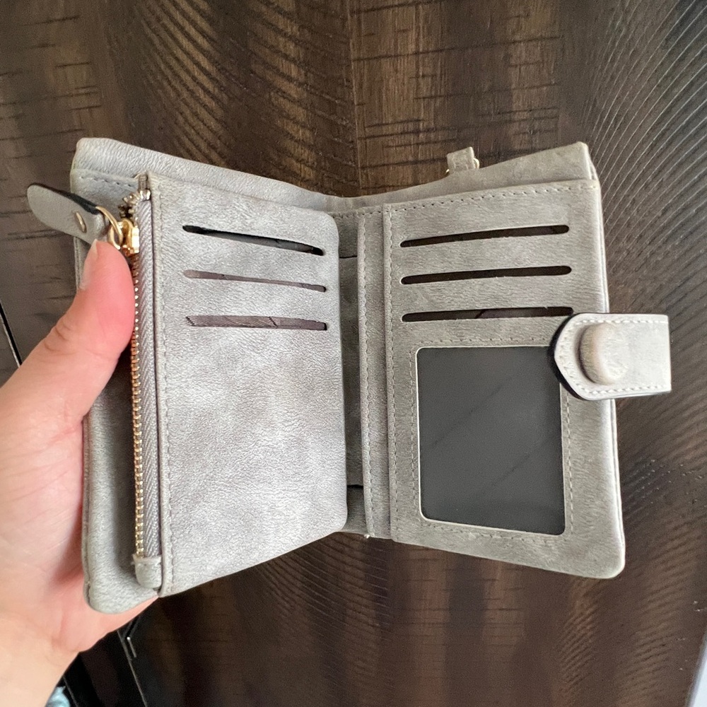Gray Bifold Wallet with Zipper and Card Slots
